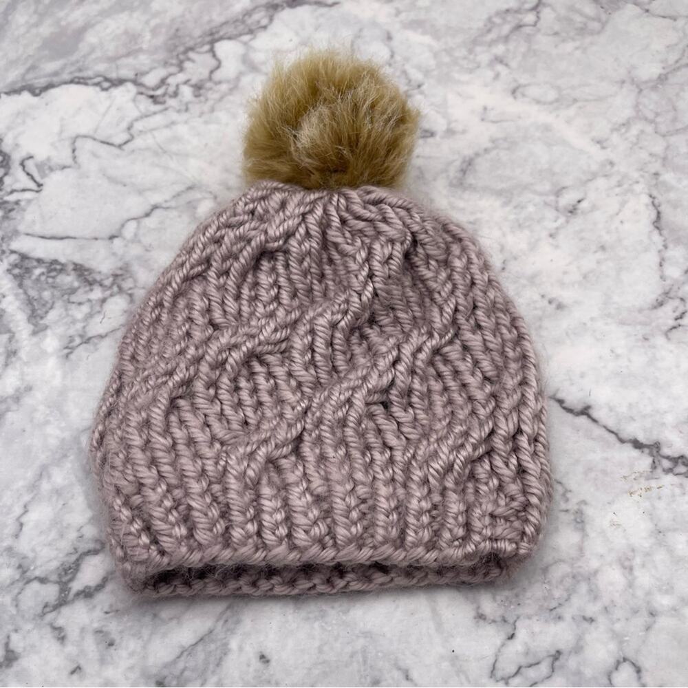 Cozy Knit Homemade Beanie with Faux Fur Pom. Baby size.